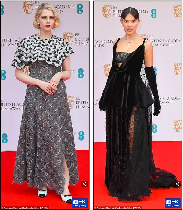 Самые причудливые образы вечера: Люси Бойнтон (слева) и звезда сериала «Очень странные дела» Милли Бобби Браун носили сомнительные кружевные ансамбли.