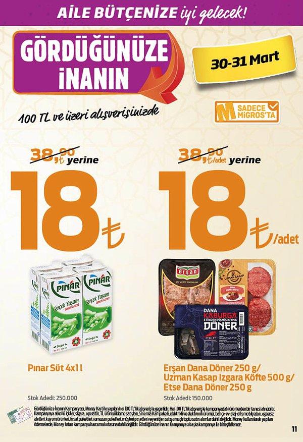 Son olarak 30 - 31 Mart tarihleri arasında Pınar Süt 4x1 L ve Erşan Dana Döner 250 g/Uzman Kasap Izgara Köfte 500 g/Etse Dana Döner 250 g 18 TL.
