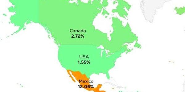 Kanada'da maaşının yüzde 2,72'si ile depoyu fullerken, ABD'de yüzde 1,55, Meksika'da da yüzde 12,06 oranında maaşı benzine yatırıyorsunuz