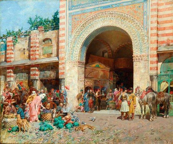 13. Kapının Önündeki Pazar - Alberto Pasini (1826-1899)