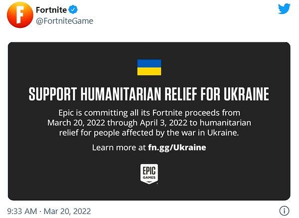 Ukrayna için bir destek de Fortnite'ın yaratıcısı Epic Games cephesinden geldi.
