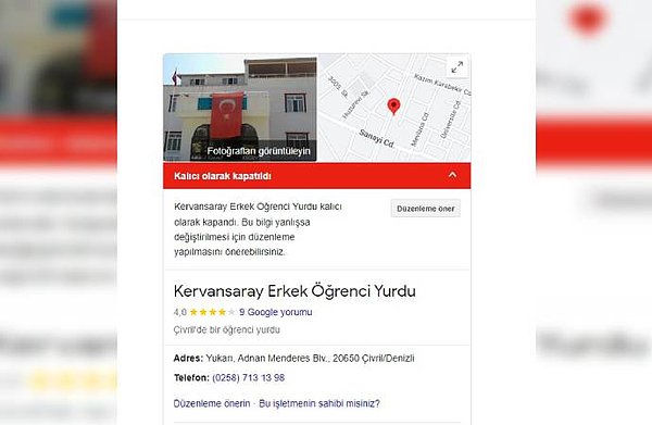 Google’da da Kervansaray Erkek Öğrenci Yurdu’nun kalıcı olarak kapalı olduğu görünüyor.