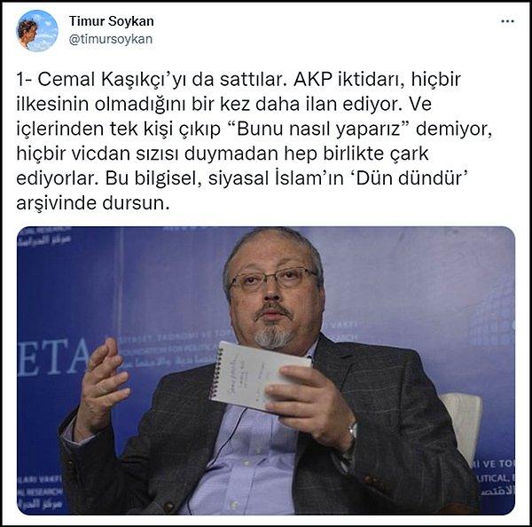 Gazeteci Timur Soykan, cinayetin ardından AKP'lilerin "Sonuna kadar gideceğiz", "Katillerden hesap soracağız" gibi söylemleri ile bugünkü keskin dönüşlerine dikkat çektiği bu paylaşımları yaptı. 👇