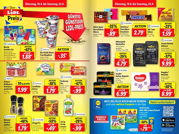 Lidl marketinin 19-23 Nisan 2022 broşüründe yer alan indirimli ve indirimsiz çeşitli gıda ürünlerinin fiyatları: