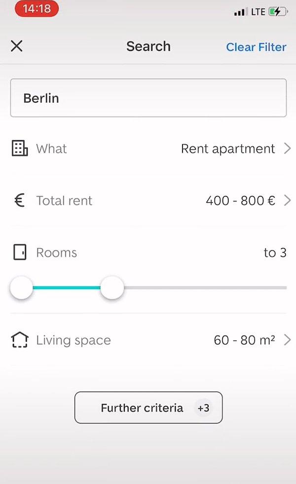 Kullanıcı, 400-800 euro arasında kira seçimiyle arama yaptı.