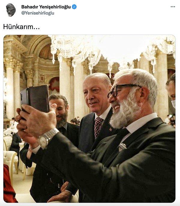 Bahadır Yenişehirlioğlu'nun Cumhurbaşkanı Erdoğan ile çekildiği fotoğrafı "Hünkarım" notuyla paylaşması tepkilere yol açtı.