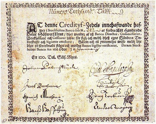 9. Avrupa Stockholms Banco tarafından 1666’da basılan ilk kağıt para.