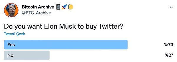 Başka bir sitenin, 'Elon Musk'ın Twitter'ı almasını ister misiniz?' anketi ise yine Musk tarafından da paylaşıldı.