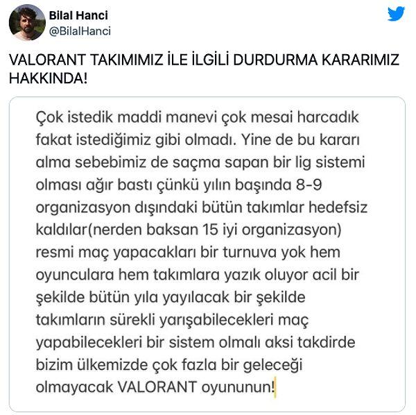 Kafalar ekibinden ve takımın kurucularından olan Bilal Hancı da kişisel Twitter hesabı üzerinden bu karara dair bir paylaşımda bulundu.