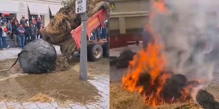 Fransa'da Yem ve Enerji Fiyatlarını Protesto Eden Çiftçiler Hükümet Binasının Önüne Gübre Döküp Ateşe Verdi