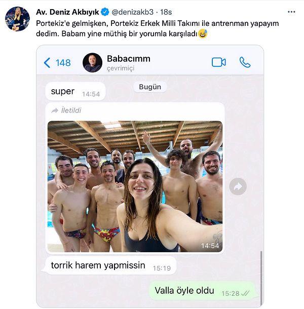 Sporcu ve Avukat olan Deniz Akbıyık, Portekiz Erkek Milli Takımı'yla çektirdiği fotoğrafı babasına gönderdikten sonra babasının verdiği yanıtı Twitter hesabından "Babam yine müthiş bir yorumla karşıladı" notuyla paylaştı.