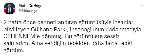 CHP Gençlik Kolları Trabzon İl Başkan Yardımcısı Mete Duringa, Gülhane Parkı'nda kaydettiği görüntüleri kişisel Twitter hesabında paylaştı.