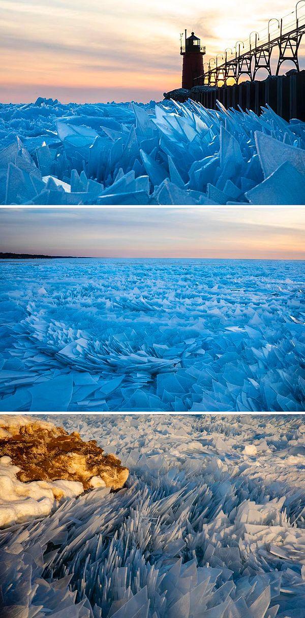 4. Düşük sıcaklık nedeniyle Michigan Gölü sayısız buz parçasına ayrıldı.