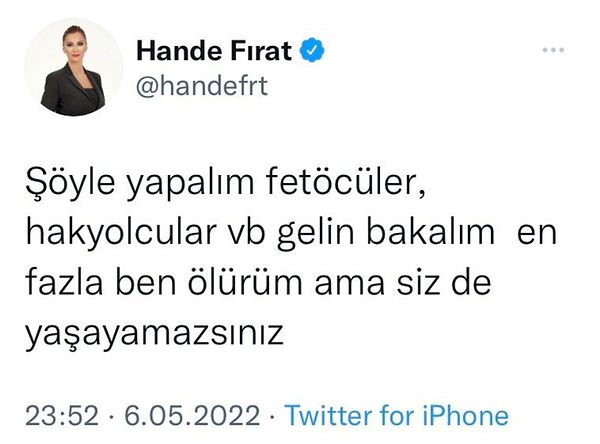 Diğer taraftan ise Hande Fırat'ın konuyla ilgili bir paylaşım yapıp silmesi dikkat çekti. Fırat'ın Twitter hesabından yayınlayıp sildiği paylaşım şöyleydi: