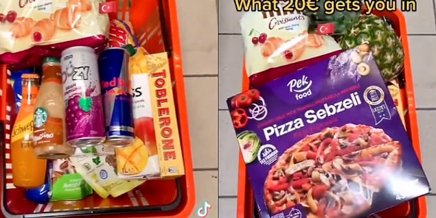Bu alışveriş bitmez! Kuruvasan, kahve, Red Bull, Toblerone, ananas ve pizza da ekleyince ben o anda bayıldım tabii. :(