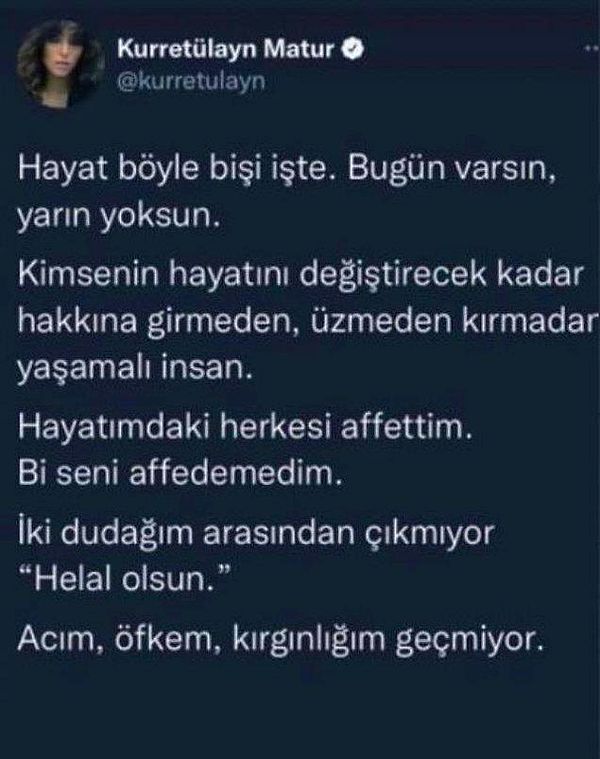 Göz6 yarışmasıyla tanıdığımız ve aynı zamanda da Survivor yorumcusu Semih Öztürk'ün eşi olan Kurretülayn Matur'un Twitter'da Acun Ilıcalı'nın kanser nedeniyle hayatını kaybeden sağ kolu Alpay Kazan hakkında yaptığı paylaşım ortalığı bir süre karıştırmıştı.