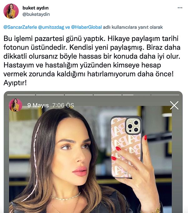 Başka bir paylaşımında ise "Hastayım ve hastalığım yüzünden kimseye hesap vermek zorunda kaldığımı hatırlamıyorum daha önce! Ayıptır!" dedi.