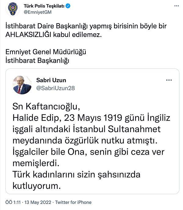 Emniyet Genel Müdürlüğü'nün resmi Twitter sayfasından Sabri Uzun'un paylaşımı paylaşıldı ve şu tepki gösterildi: