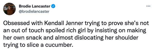 "Kendall Jenner'ın kendi yemeğini yapmakta ısrar ederek, salatalık dilimlemeye çalışırken neredeyse omzunu yerinden çıkararak, şımarık zengin bir kız olmadığını kanıtlamaya çalışmasına taktım."