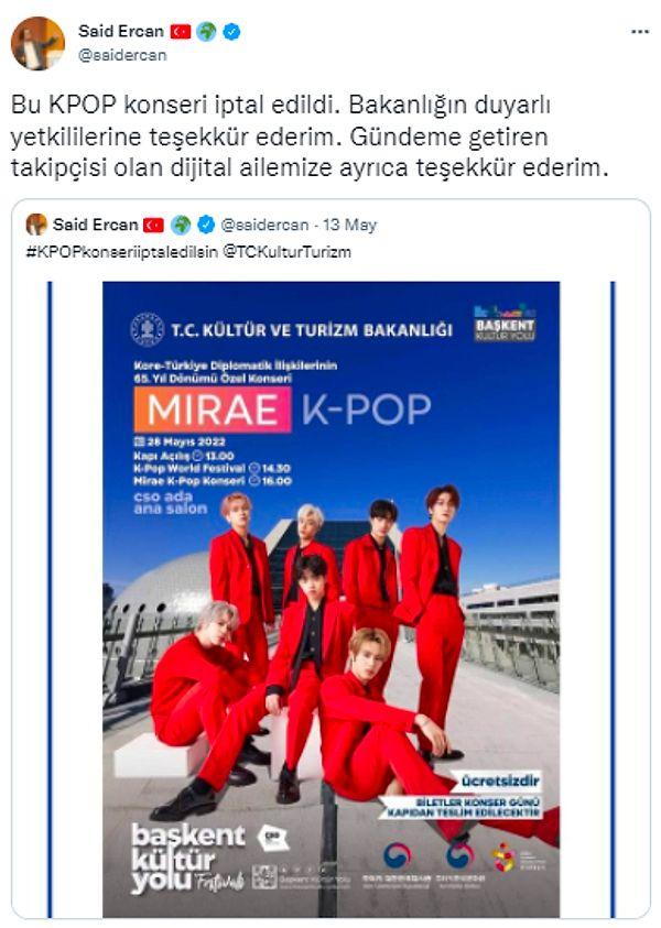 Kültür ve Turizm Bakanlığı'nın düzenlediği Başkent Kültür Yolu Festivali'nde sahne alacak Mirae adlı K-Pop grubunun konseri iptal oldu.