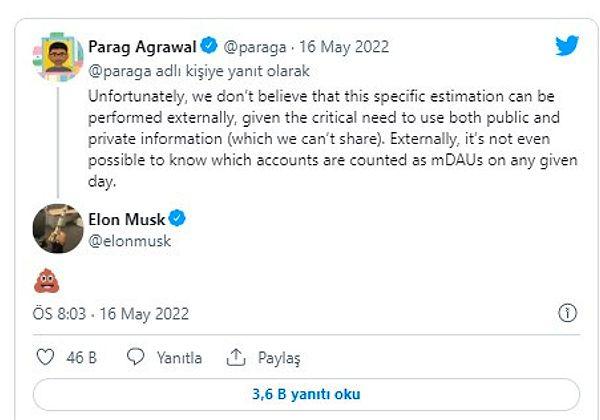 Musk'ın Twitter'da mevcut sahte hesapların dört kat daha fazla olduğunu ve bu nedenle şirketle anlaşmanın gözden geçirileceğini duyurmasının ardından Twitter CEO'su Parag Agrawal açıklama yaptı.