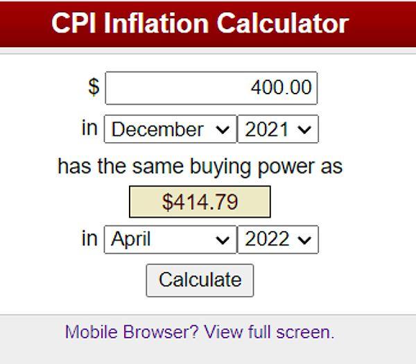 ABD Çalışma İstatistikleri Bürosu verisine göre Aralık ayında 400 dolar 'ABD' enflasyonu ile şu an 414,79 dolar ediyor.