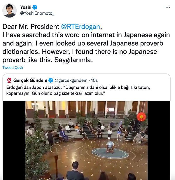 Daha sonra da Japon YouTuber Yoshi de "Böyle bir japon atasözü bulamadım" paylaşımını yapmıştı.