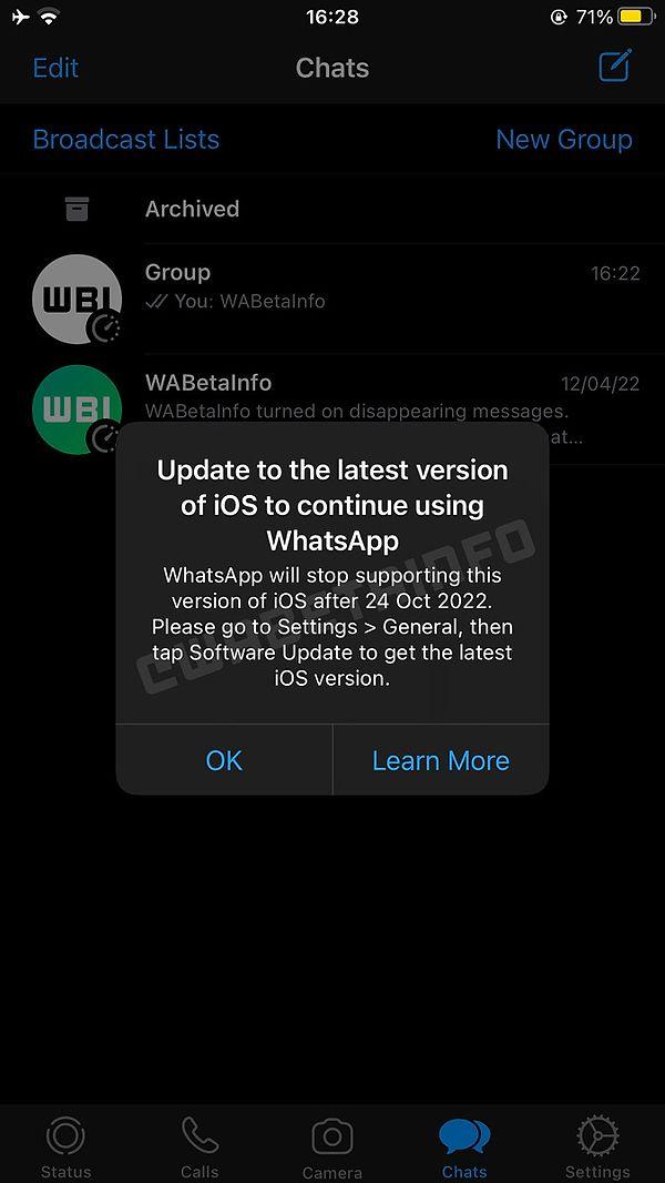 WhatsApp, iOS 10 ve iOS 11 çalıştıran kullanıcılara, yazılımlarını yükseltmedikçe mesajlaşma uygulamasının cihazlarında çalışmayı durduracağını bildirmeye başladı.