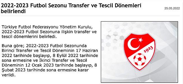 TFF, 2022-2023 transfer sezonu başlangıç ve bitiş tarihlerini şöyle duyurdu.