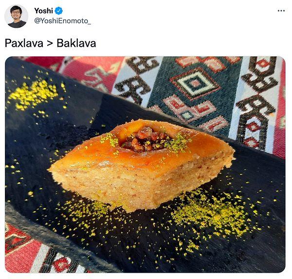 Şu sıralar da Azerbaycan'da olan ve sosyal medya hesaplarından da sık sık yediklerini, gördüklerini paylaşan Yoshi, Paxlava olarak bilinen baklava fotoğrafını paylaşınca ortalık karıştı.