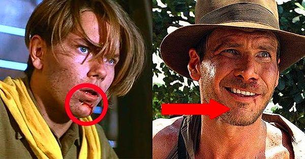 14. Indiana Jones and the Last Crusade'de genç Indiana'nın yüzüne gelen bir kırbaç çenesini keser. Filmin ilerleyen bölümlerinde günümüzdeki Indiana'nın çenesinde bir yara izi olduğunu fark ediyoruz.