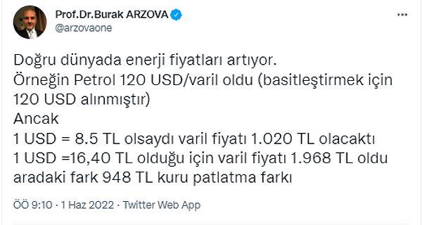 Prof. Dr. Burak Arzova, Twitter'da kur seviyesinin benzin fiyatlarındaki etkisini şu şekilde anlattı👇