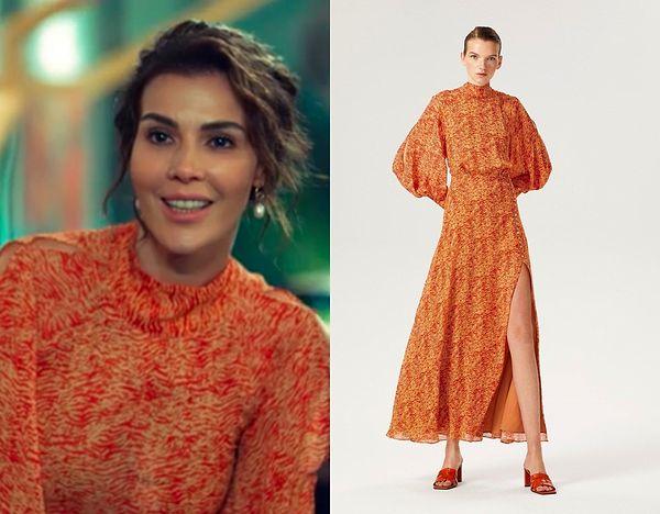 Hatice Şendil Sağyaşar'ın İyilik dizisi son bölümde giydiği turuncu elbise Exquise markasına ait...