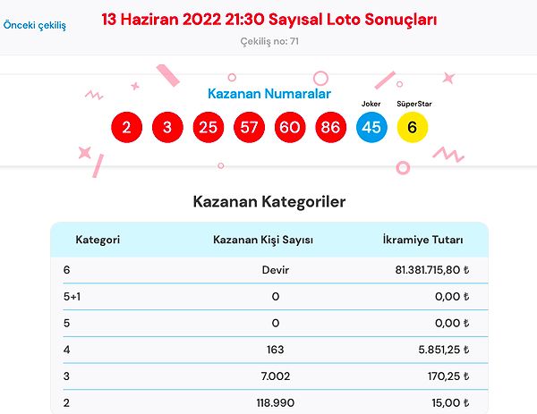 13 Haziran Sayısal Loto Sonuç Ekranı