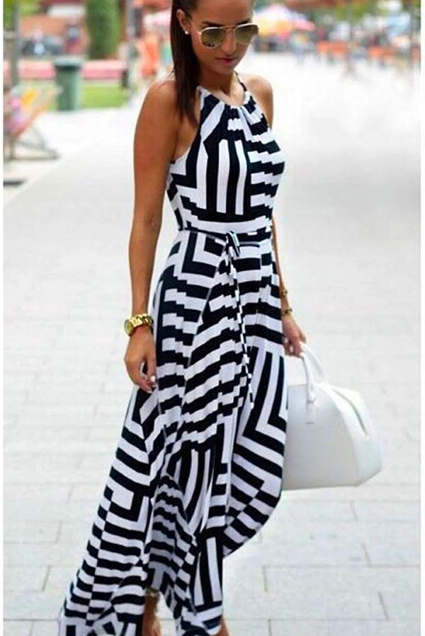 6. Esnek krep kumaşlı siyah beyaz uzun elbise.