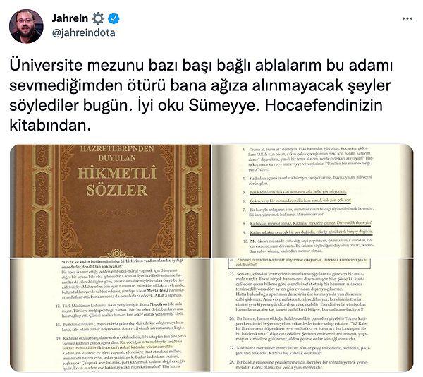Son olarak Mahmut Ustaosmanoğlu'nu savunan kadınlara seslenen Jahrein, Mahmut Ustaosmanoğlu'nun kitabında kadınlarla ilgili söylediklerini paylaştı...