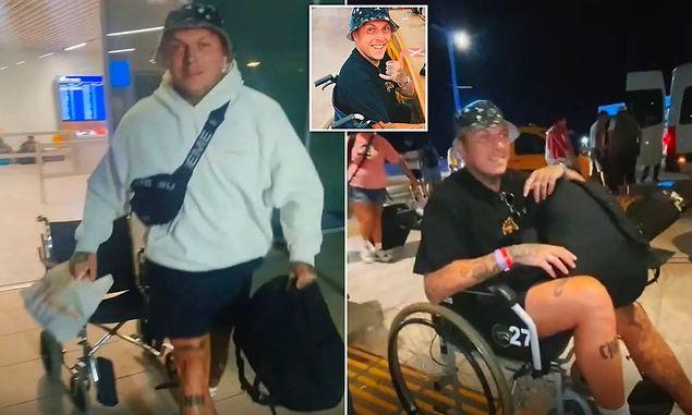 Yaptığı numaraya inanan havaalanı personeli ona bir tekerlekli sandalye ve bacağını uzatabilmesi için boş bir koltuk verildi.