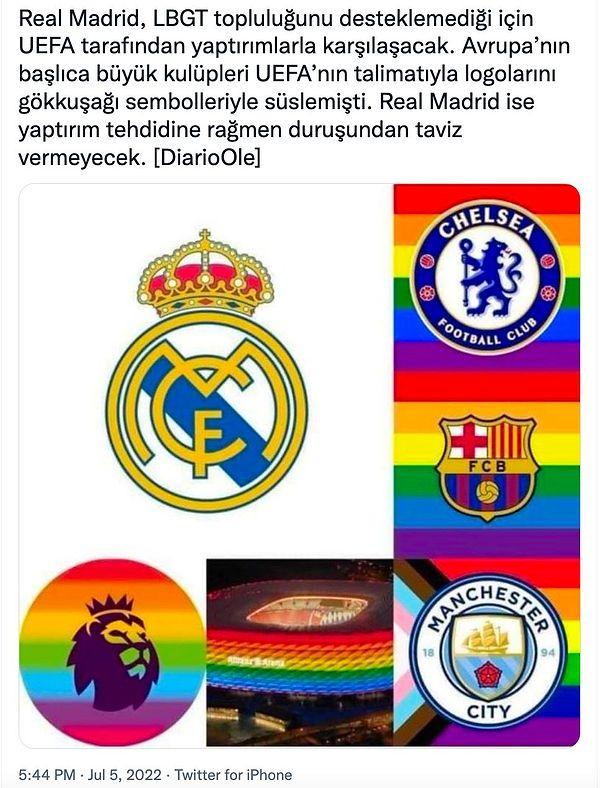 1. İddia: UEFA, LGBTİ+'sarı desteklemediği için Real Madrid'e yaptırım uyguladı.