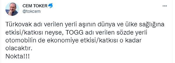 LDP eski Genel Başkanı Cem Toker, Twitter'da Turkovac aşısı ve TOGG aracını birbirine benzeten bir paylaşım yaptı👇