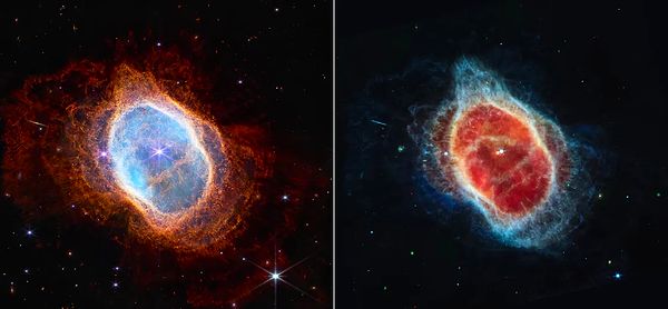 Soldaki görüntü, yakın kızılötesi ışığı toplayan JWST'nin NIRCam'ı tarafından çekildi. Sağdaki, teleskopun orta kızılötesi ışığı alan MIRI cihazı tarafından çekildi.