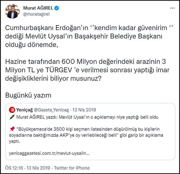 Bu haberle birlikte Murat Ağırel'in 2019'daki bir yazısı yeniden gün yüzüne çıktı. Ağırel, yazısında Uysal'ın TÜRGEV'e yaptığı milyonluk kıyağı anlatıyordu. 👇