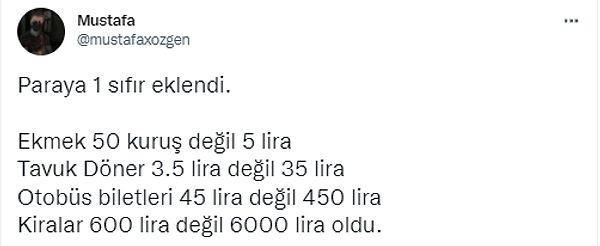 Yapılan bu paylaşım ise 2005 yılında atılan 6 sıfırın birinin geri geldiğini söylüyordu👇