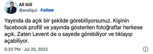 5. Levo'nun yayında gösterdiği profil ise herkese açık, bu sebeple avukat ali Gül de olayın KVKK'ya aykırı olmadığını belirtiyor.
