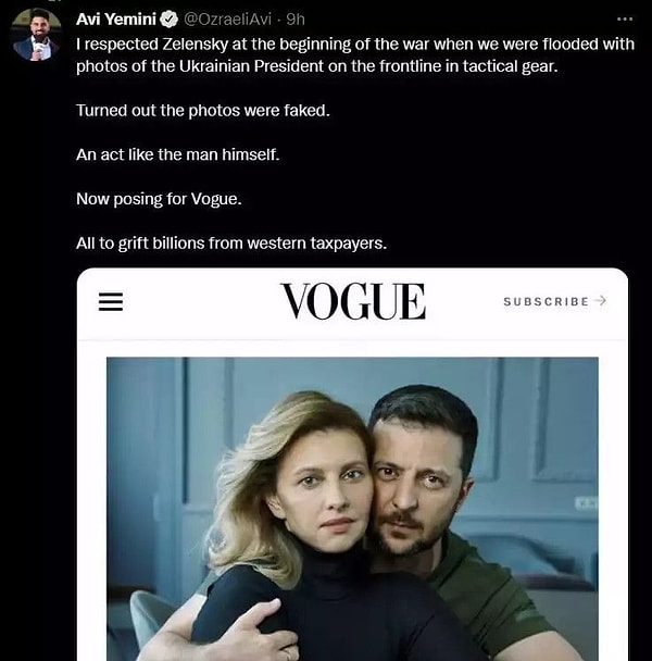 Rebel News’in Avustralyalı muhabiri Avi Yemini, Zelenski çiftinin Vogue dergisi için verdiği pozları oldukça ağır şekilde eleştirdi.