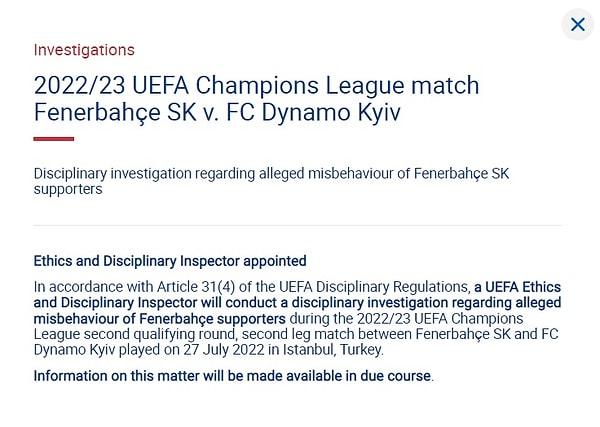 UEFA, Fenerbahçe taraftarlarının "uygunsuz davranışları" nedeniyle disiplin soruşturması başlattığını açıkladı.