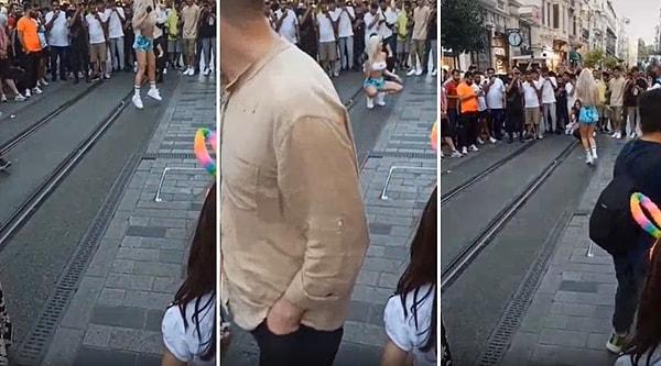 O görüntülerde, bir kadın Taksim meydanında dans ederek TikTok videosu çekerken yüzlerce erkek de o kadının etrafında video çekerken görülüyor.