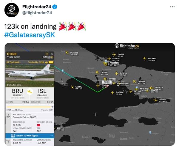 Milano’dan Lucas Torreira ve Brüksel’den Dries Mertens’i alan Galatasaray'ın uçağı Flightradar'da izleyici akınına uğradı.
