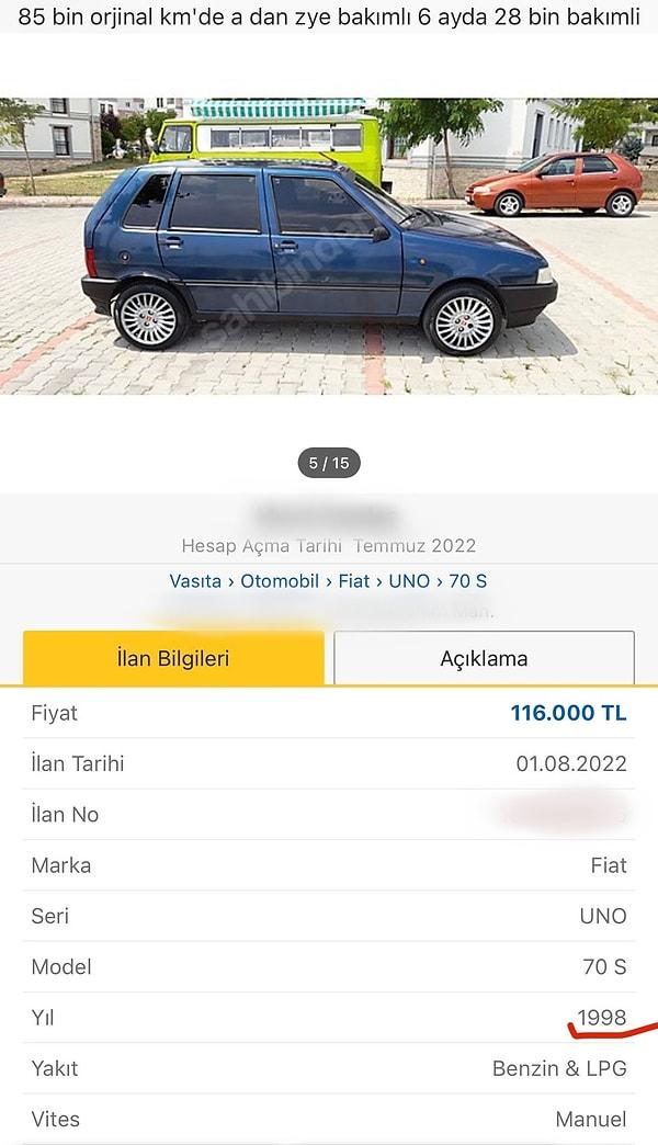 1998 doğumlu Fiat UNO ise 116 Bin TL!