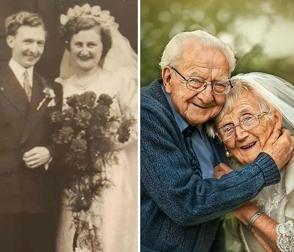 1. Evlilik fotoğraflarını yeniden canlandıran yaşlı bir çift: