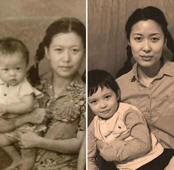 6. "Ailem sürekli babamın annesine benzediğimi söylüyordu fakat onunla tanışmaya hiç fırsatım olmadı. Sol tarafta büyükannem babamı tutarken, sağda ise 63 yıl sonra oğlumu tutarken ben."